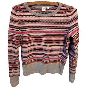 GAP Fair Isle Sweater Women's XS Grey Pink Multi Stripes Pullover Cozy Retro